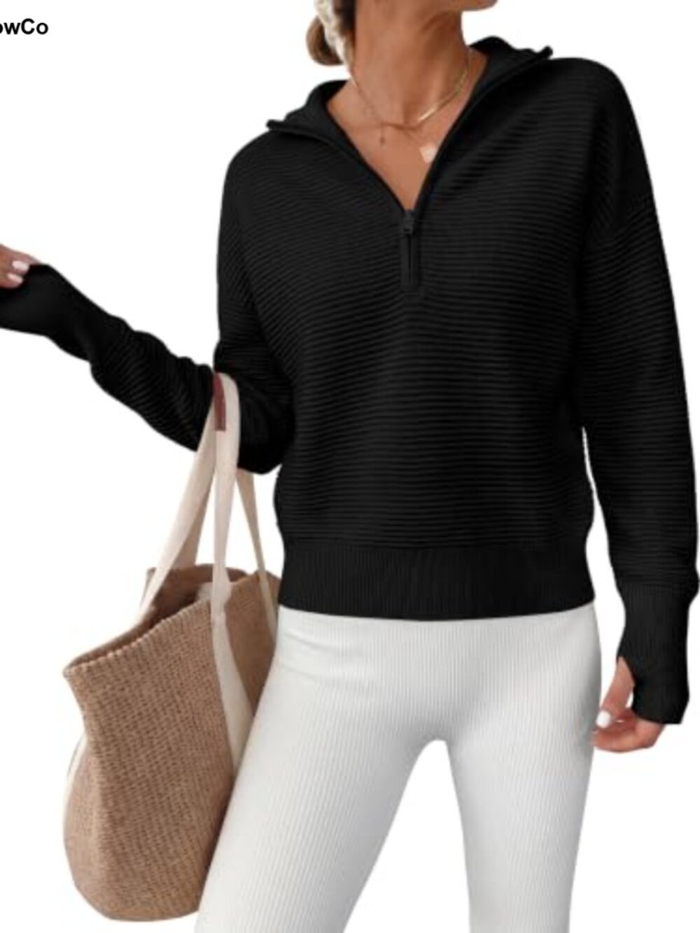 ANRABESS Quarter Zip Cropped Sweater Long Sleeve Ribbed Knit Pullover